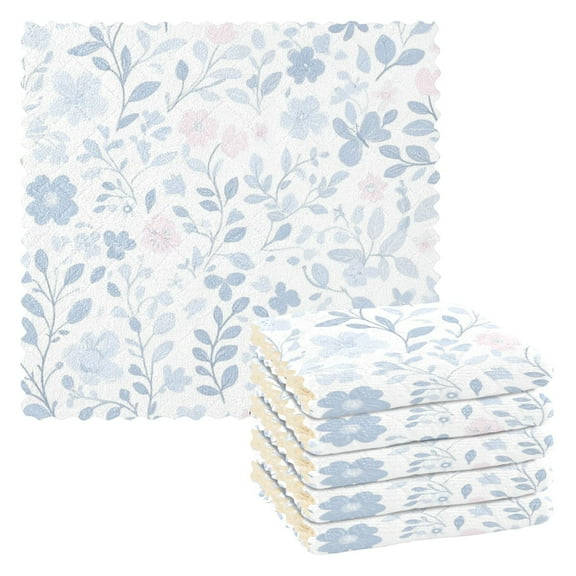 Blue Floral Pattern 6 Pack Kitchen Cleaning Cloths 11'' x 11'', Super Absorbent, Soft Double Layer Plush for Dish and Surface Cleaning