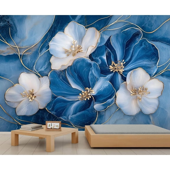 Modern Blue Flowers Wall Mural, Abstract Marble Texture Mural Wallpaper, Luxury Golden Lines Large Wallpaper For Bedroom Living Room Dining Room Wall Decor 55"W x 28"H (Not Peel and Stick)