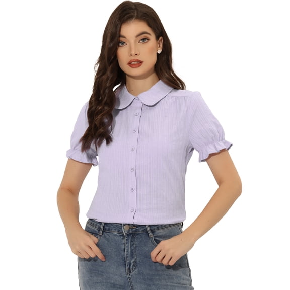 Blusa de algodón Allegra K volantes cuello vuelto mujer Morado Claro XL