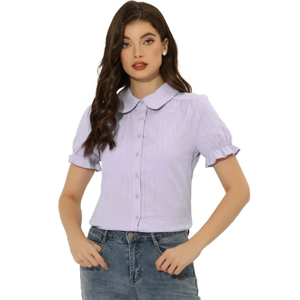 Blusa de algodón Allegra K volantes cuello vuelto mujer Morado Claro XL