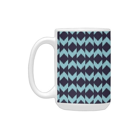 

Navy Diamond Shaped Blurry Ikat Pattern Chevron Effects Ethnic Asian Boho Artsy Image Teal Indigo Ceramic Mug (15 OZ) (Made In USA)