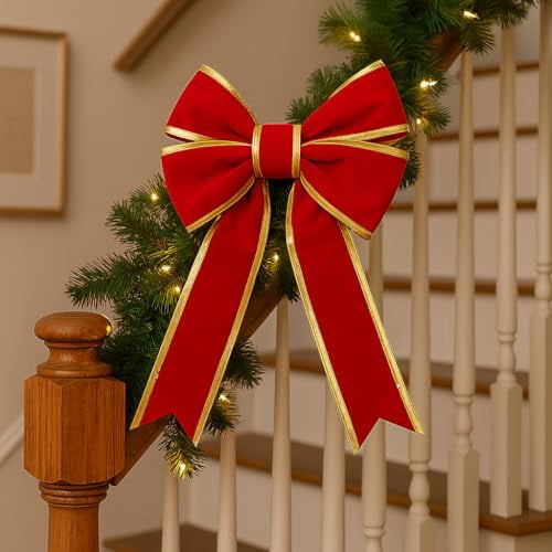 Christmas Designers 18in Red Velvet Christmas Bow with Gold Trim UV Protected Indoor Outdoor