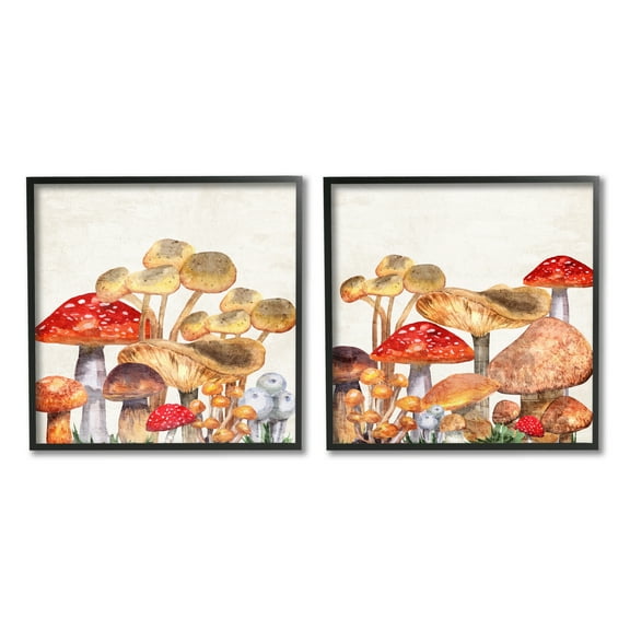Stupell Industries Various Cottage Mushrooms Botanical & Floral Painting Black Framed Art Print Wall Art, 12 x 12, Set of 2