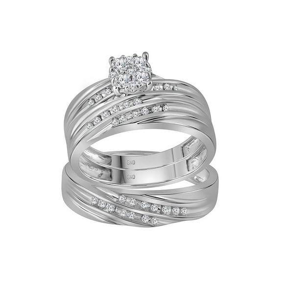 10kt White Gold His & Hers Round Diamond Cluster Matching Bridal Wedding Ring Band Set 3/8 Cttw