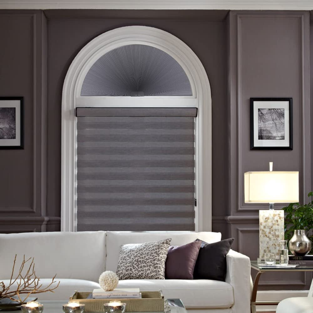 LUCKUP Arch Window Shades Half Circle Blackout Cellular Pleated Blinds Dual Color Semi Circular Honeycomb Windows Curtains for Half Moon Round Windows, Easy Cut and Install 36" W x 72" H, Grey-White
