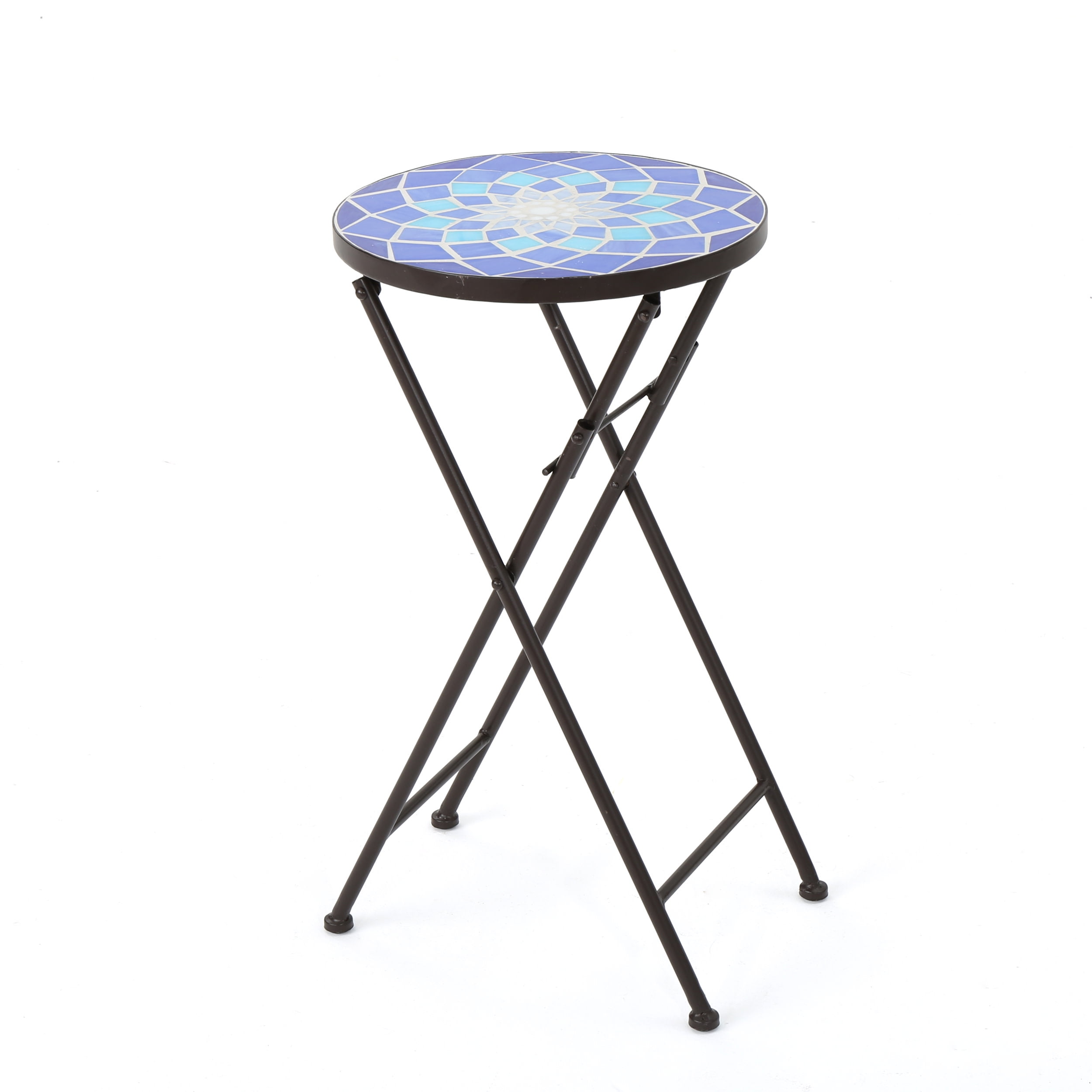 GDF Studio Erato Outdoor Ceramic Mosaic Folding Side Table, Blue, White