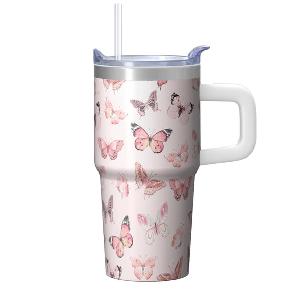 20OZ Stainless Steel Travel Mug with Handle Straw Leak Proof Insulated Tumbler Lid Double Wall Vacuum Design Keeps Cold for 34 Hours Portable Cup Holder Fit Reusable Drinkware Butterfly Print