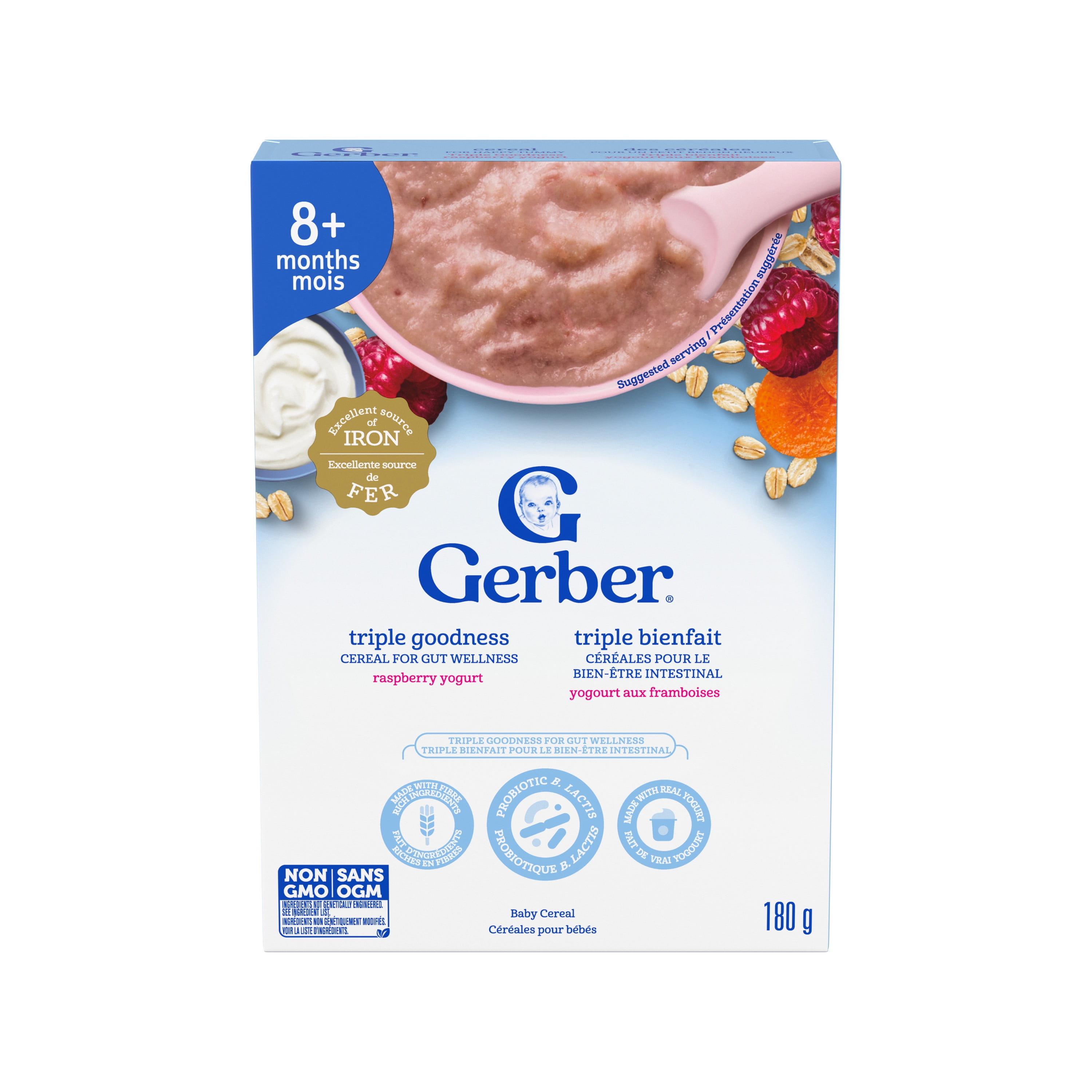 Gerber Céréales pour bébés Triple bienfait Yogourt aux framboises, 8 mois, bien-être intestinal, fibres, probiotique B. lactis, vrai yogourt, vrais fruits et légumes, vitamines B 180 g