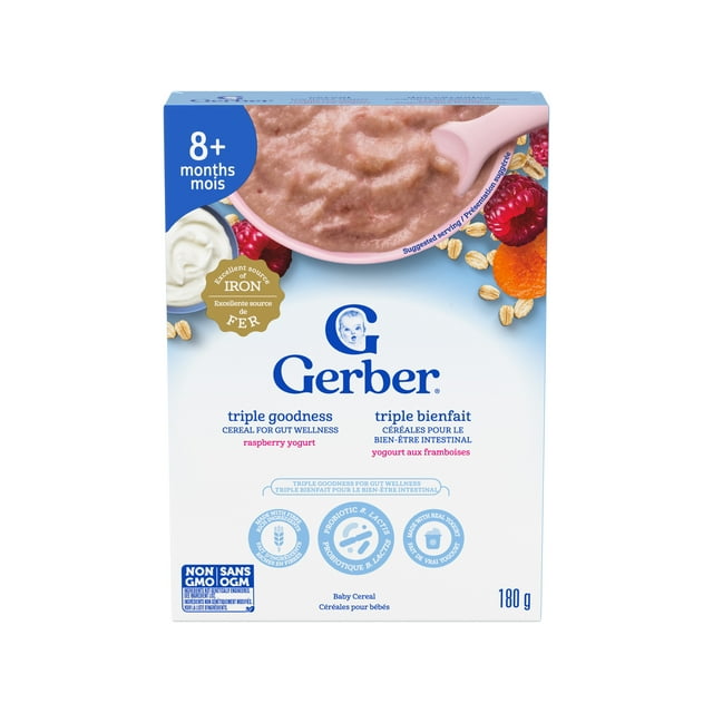 GERBER Triple Goodness Raspberry Yogurt Baby Cereal, 8 Months+, For Gut Wellness