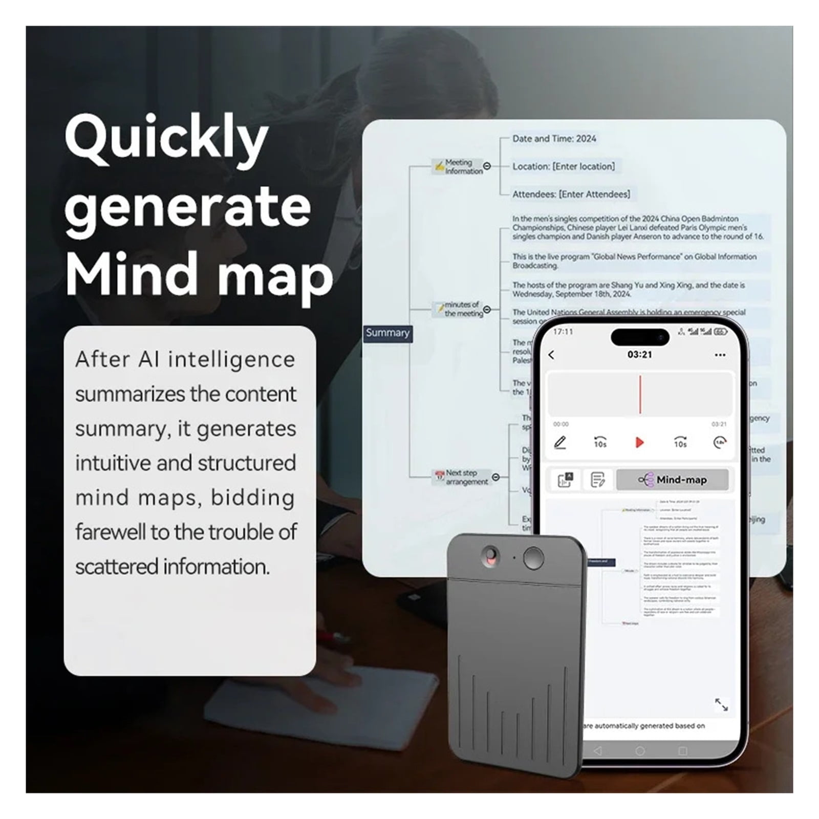 AI Powered Phone Calls Voice Recorder Transcribe Summarize Language Sound Device Dictaphone ,Multi-Function