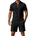 thumbnail image 4 of Mens Shorts Sets 2 Piece Outfits, Waffle Knit Short Sleeve 1/4 Zip Collared Pullover Top and Drawstring Short (3XL, Black), 4 of 8