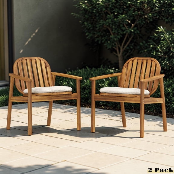 GZXS Outdoor Dining Armchairs Set of 2, Teak Finish Acacia Wood Patio Chairs with Vertical Slat Back & Beige Cushions, for Garden, Deck, Poolside