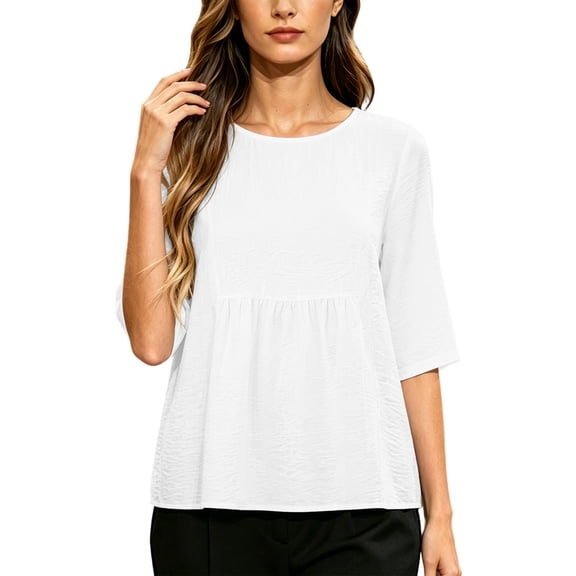 Maplenight Peplum Blouses for Women Cotton Crew Neck Half Sleeve Tops Office Casual Work Summer Shirts