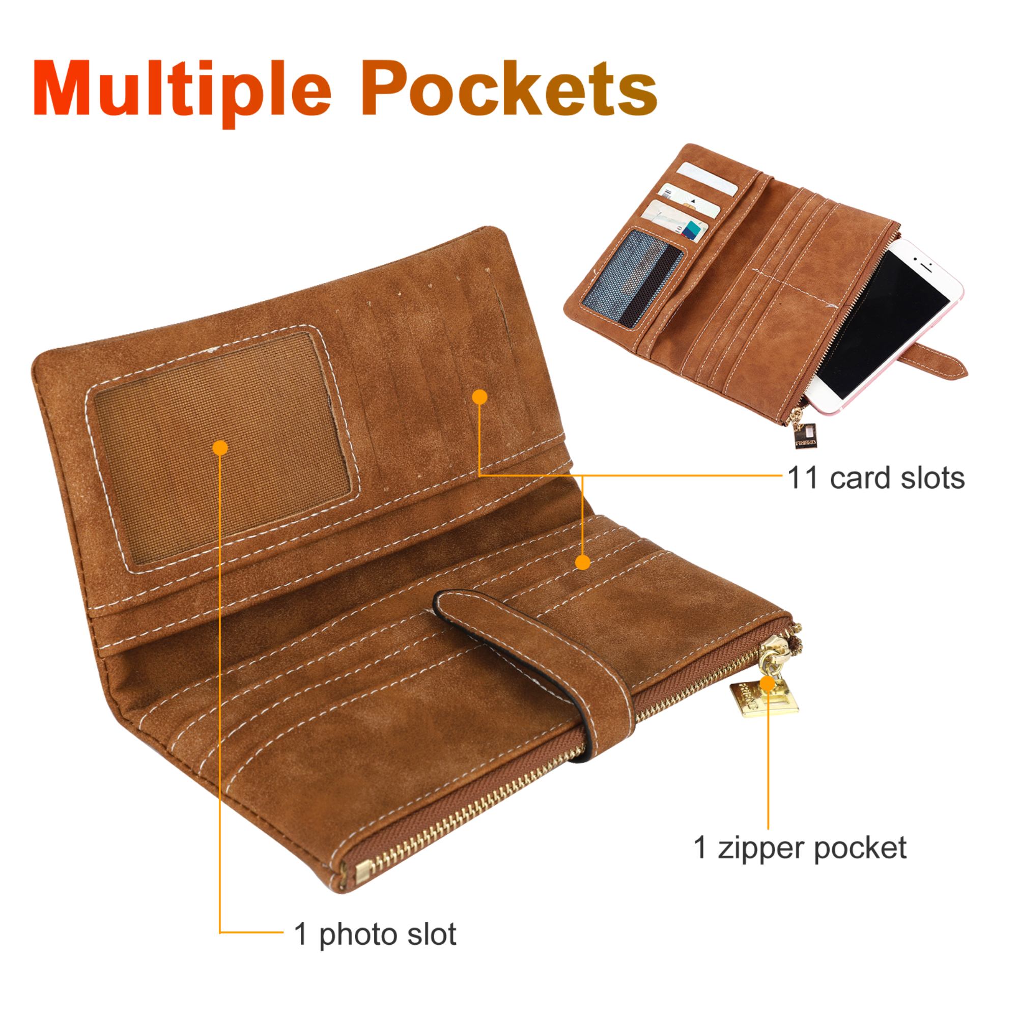 TSV Bifold Wallet for Women Brown PU Leather photo 3