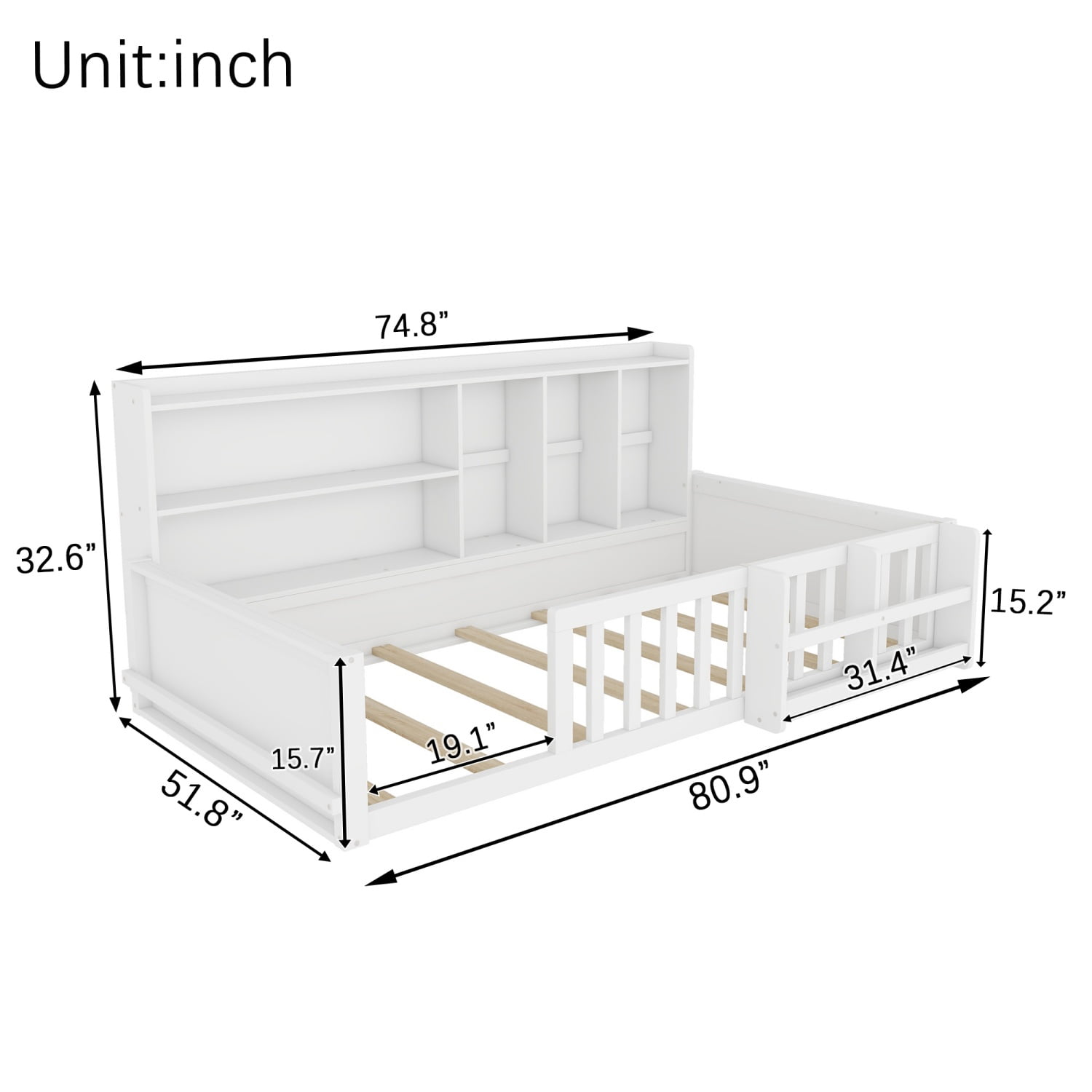 Miniyam Twin Size Floor Bed, Kids Wood Bed Frame with Guardrails, Side Bookshelf, White