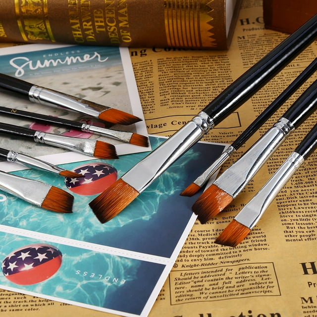 9 Piezas Juego de brochas de punta de plano oblicuo de nailon, plano inclinado cepillo con mango largo Set Suministros de arte artista pintura profesional para acrílico acuarela y pintura al óleo Amonsee NO