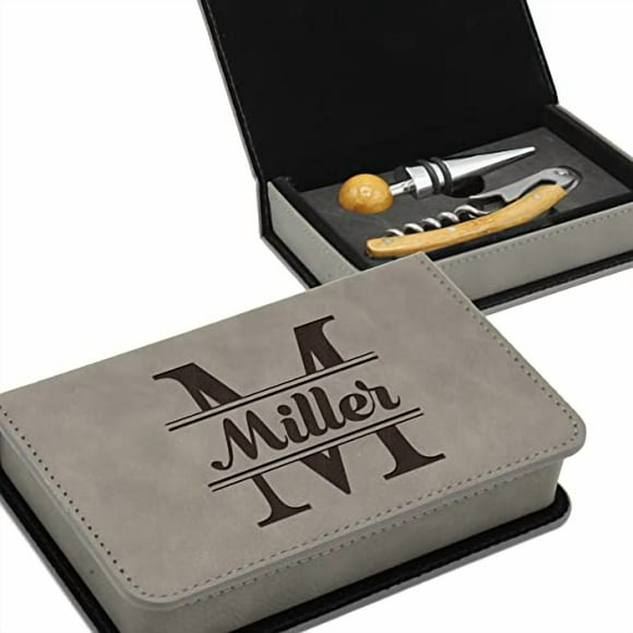 The Wedding Party Store Custom Personalized 2 Piece Wine Tool Opener Accessories Gift Box Set - Engraved Wine Lover Gift for Anniversary, Weddings (Gray)