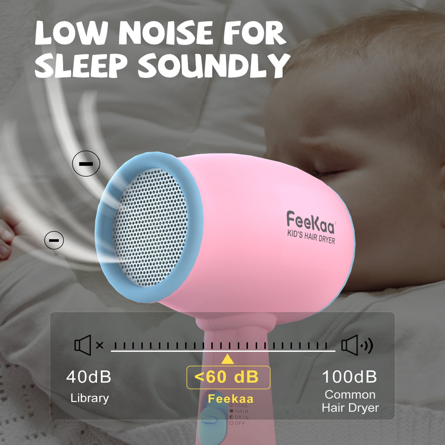 FeeKaa Kids Hair Dryer - Blow Dryer with Low Noise Gentle Heat for Baby New Born Shower, Gift - Pink