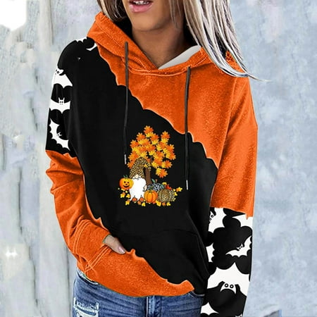 

jsaierl Womens Hoodies Loose Fit Long Sleeve Hooded Pullover Pumpkin Halloween Hoodies Sweatshirt Plus Size Tops for Women Comfy Tunic Halloween Top for Women