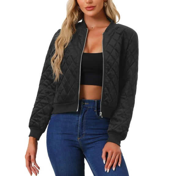 INSPIRE CHIC Women's Winter Zipper Velvet Surface Quilted Bomber Jacket with Pockets XS Black