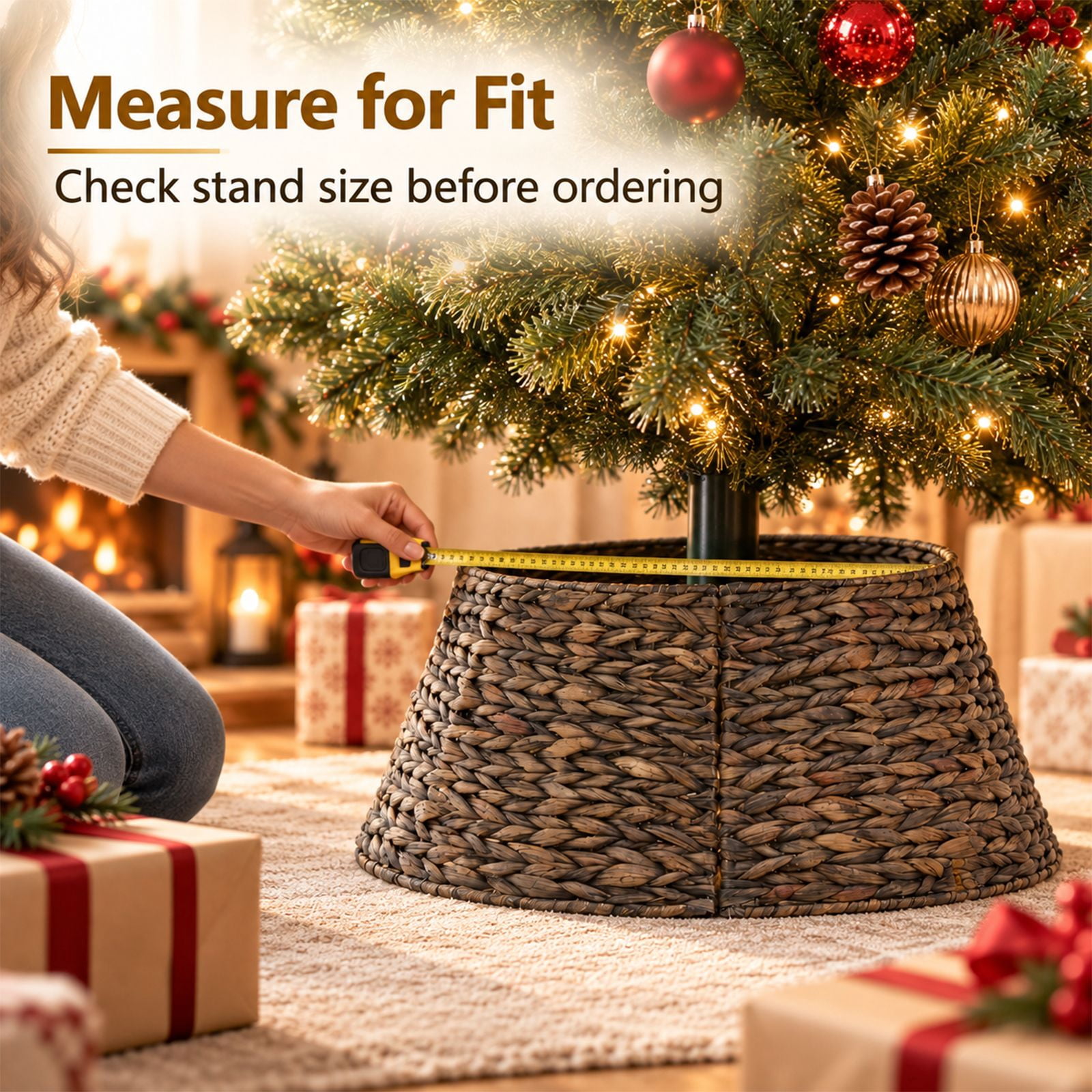 Alvantor Christmas Tree Collar, Woven Rattan Stand Cover with Cord Port, Black 24IN