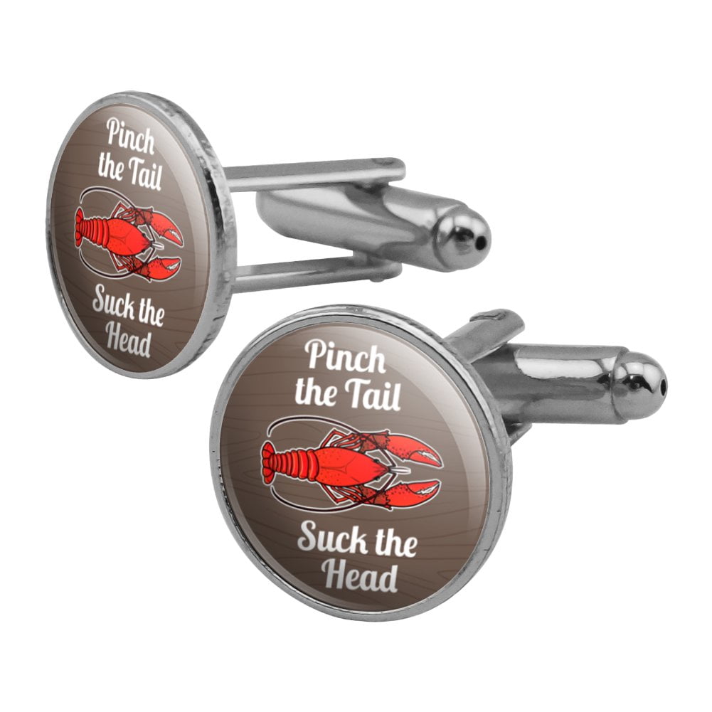 Crawfish Pinch the Tail Suck the Head Crayfish Louisiana Saying Round Cufflink Set Silver Color