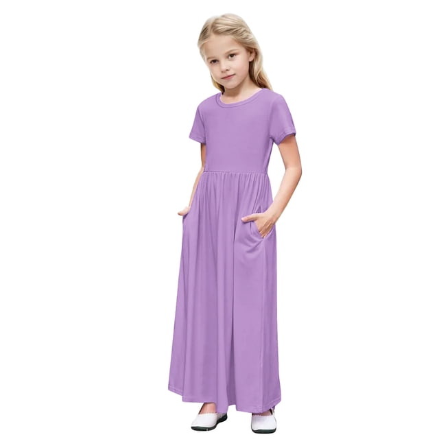 biudgviw Robe Maxi pour Fille à Manches Courtes, Col Ras du Cou, Couleur Unie, Coupe Évasée, Robe Décontractée, Robe Longue d'Été avec Poches