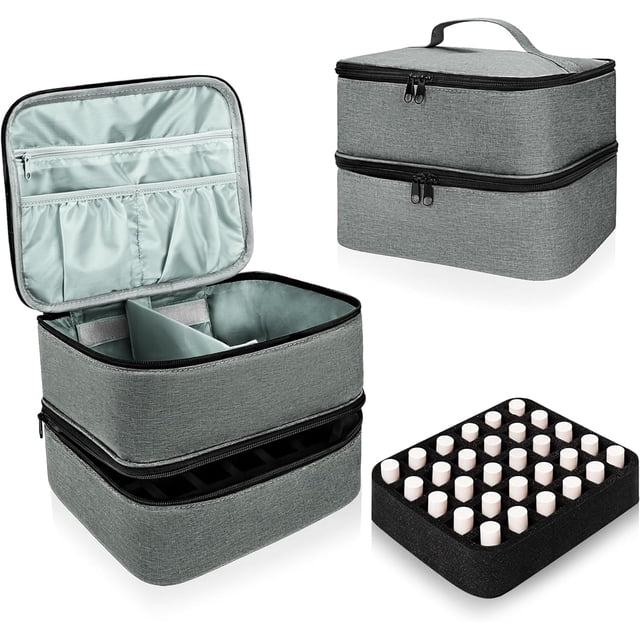 Bolsa De Maquillaje,Doble Capa Organizador De Esmalte De Uñas con Capacidad para 30 Botellas (15ml) Y Una Lámpara De Uñas,con Secciones De Almacenamiento (Gris)