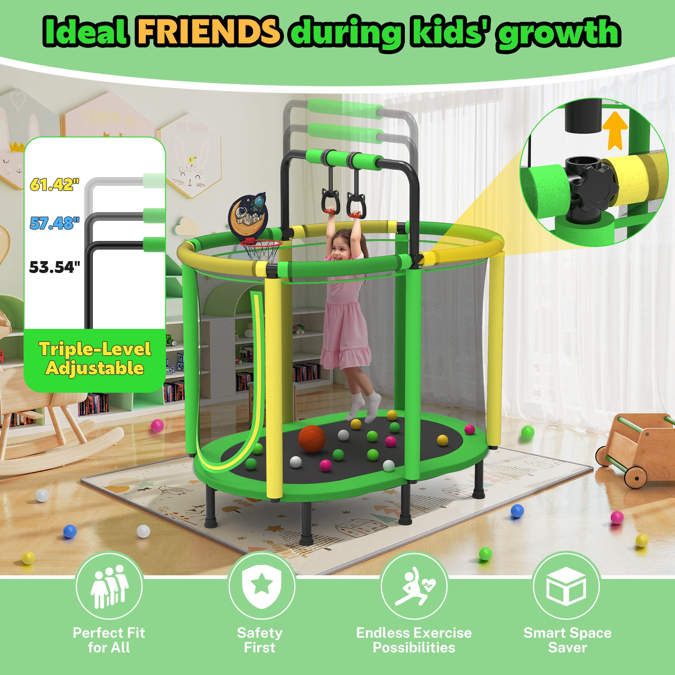 60" Toddler Trampoline with Enclosure Net, Kids Trampoline with Basketball Hoop, SHINPT Indoor Trampoline for Kids, Small Trampoline with Ocean Balls, Mini Trampoline with Rings, Gift for Boys Girls