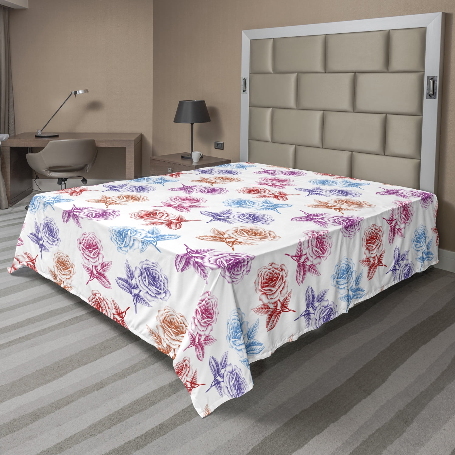 Floral Flat Sheet, Rose Petals Romantic Blossoming Nature in Digital Style Pattern Display, Soft
