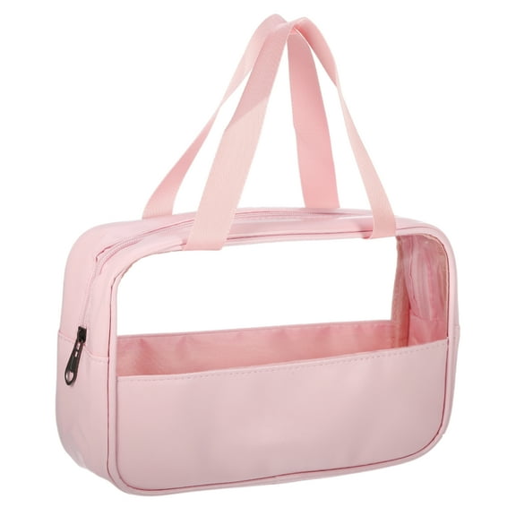 Unique Bargains Women Durable Transparent Patchwork Medium Makeup Bag for Vacation Camping PU Leather Pink-M