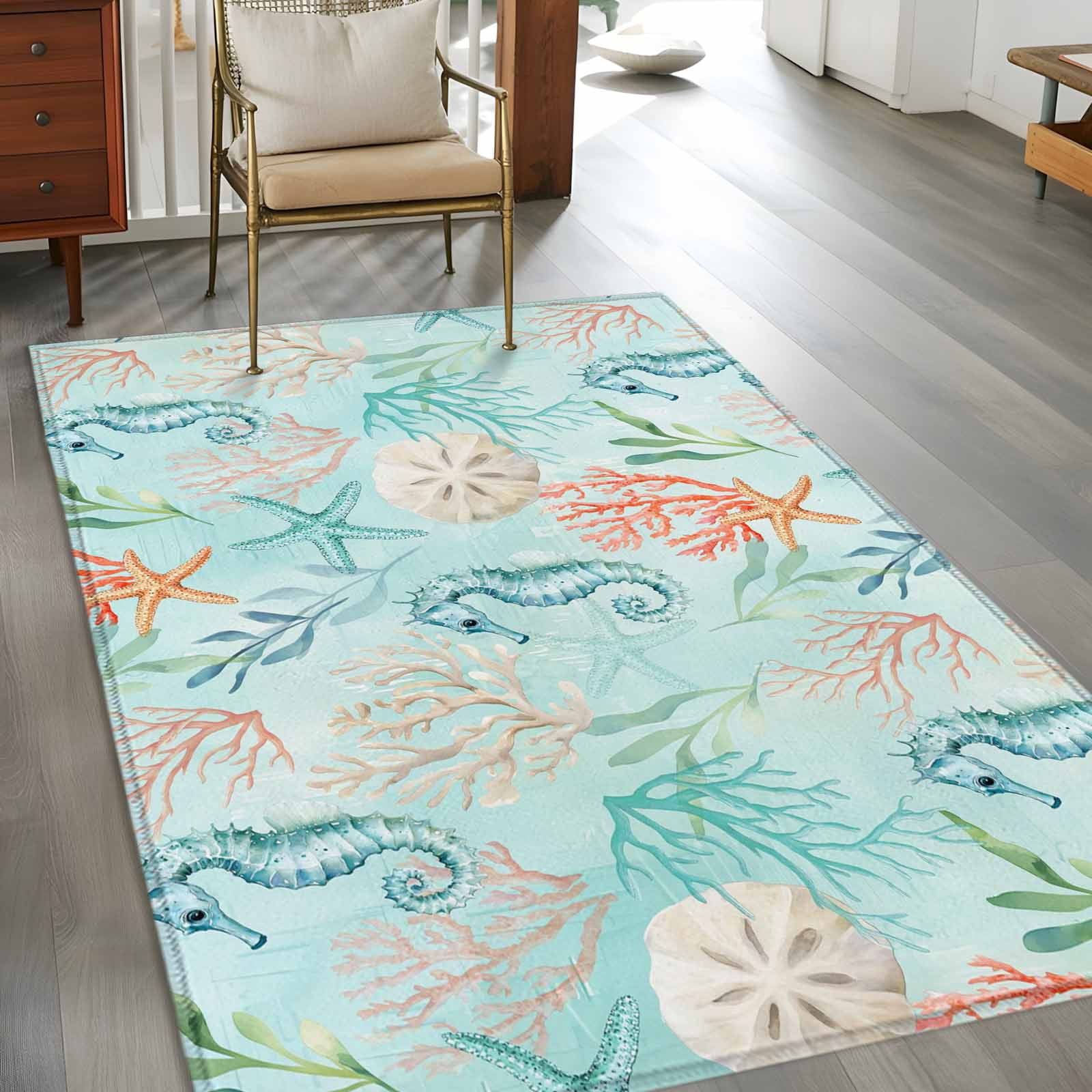 Area Rugs 2.7'x5', Teal Red Coastal Carpet for Living Room Bedroom Dining Room, Nautical Seahorse Beach Coral Starfish Throw Kitchen Rugs Non Slip Washable Rectangle Indoor Outdoor Rugs
