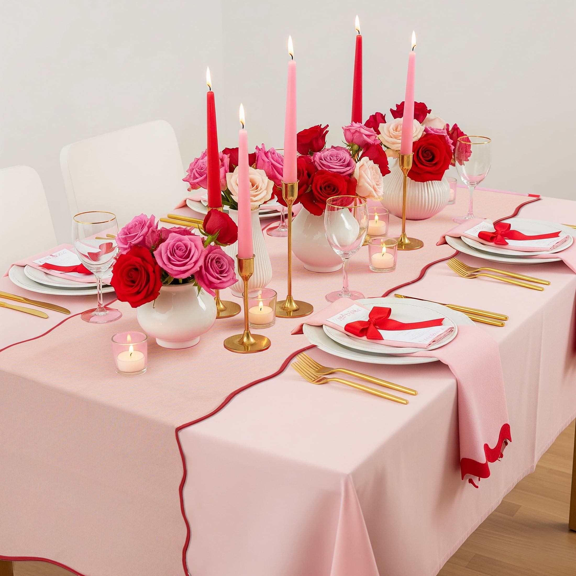 Scallop Table Runner - 14" x 90" - 100% Cotton, Pink & Red
