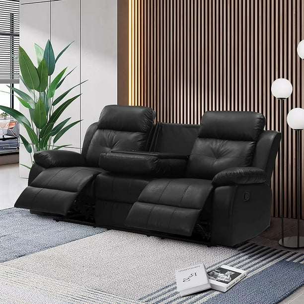 Double Recliner Loveseat With Console Slate Reclining Sofa Cup Holder 3 Seater Flipped Middle Backrest Black Pu Theater Seating Furniture Bed Com Theater Seating Furniture Sofa Bed, Two Tone Leather Recliner Sofa With Drinks Console