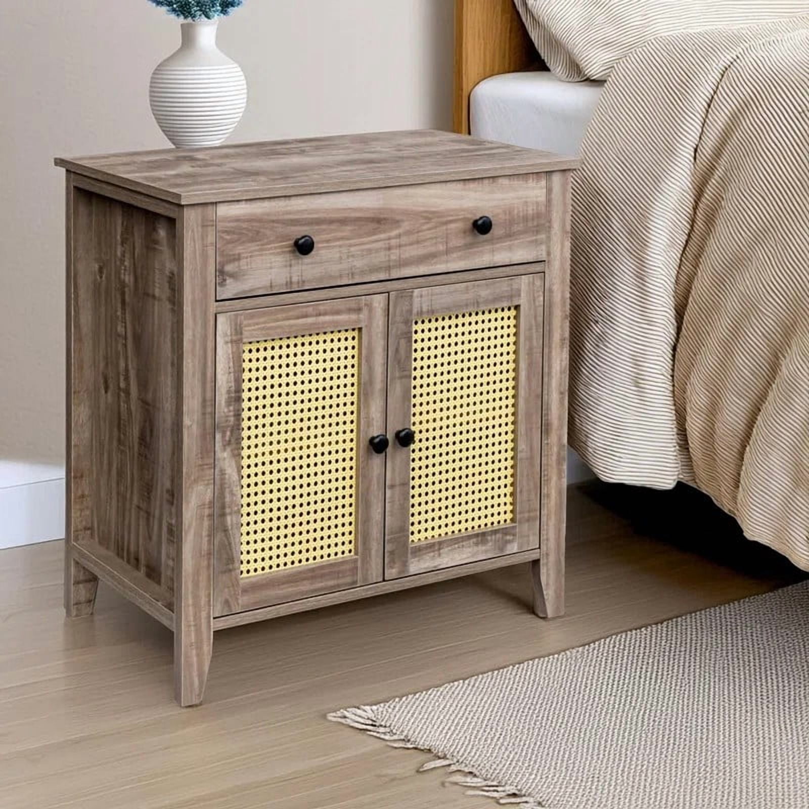 COMHOMA Rattan Cabinet, Mid Century Modern Cabinet with Rattan Decorated Door and Adjustable Shelf, Bedside Storage End Table with Drawer, Cabinet for Bedroom and Living Room,Drifted Grey