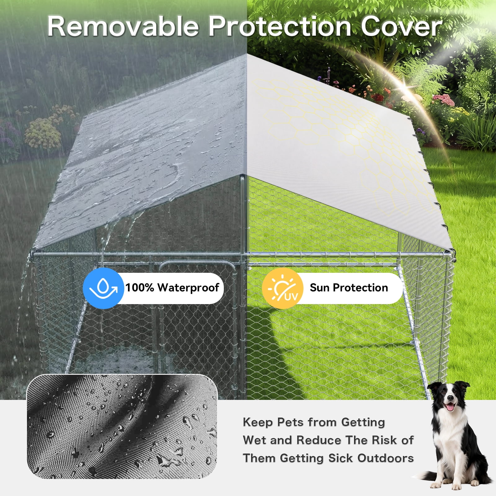 YOKWOK 10x10ft Outdoor Dog Kennel Outside with Metal Large Dog Gate, Outdoor Dog Pens with Roof, Heavy Duty Dog Kennel for Backyard Farm Use