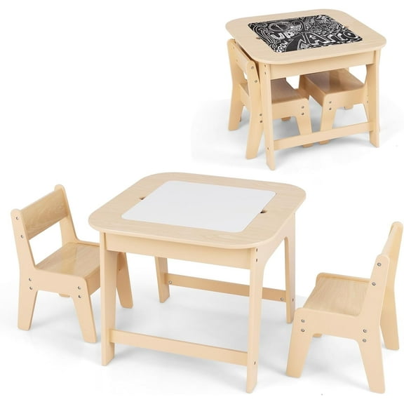 OLAKIDS Kids Table and Chair Set, 3 in 1 Wooden Activity Table with Removable Tabletop, Blackboard and Whiteboard for Toddlers Arts Crafts Drawing Reading Playing, Playroom Nursery (Natural)