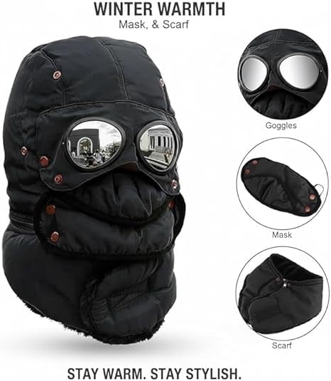 Winter Thermal Hat with Glasses Windproof Ski Mask Cap Fashion Warm Hat with Goggles for Cycling（black）