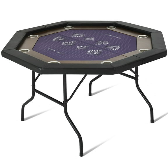 RayChee 8 Players Poker Table Foldable, Upgraded Folding Octagon Casion Table, Portable Texas Holedem Table w/Stainless Steel Cup Holders, Water-Resistant Cushioned Rail (50inch, Black)