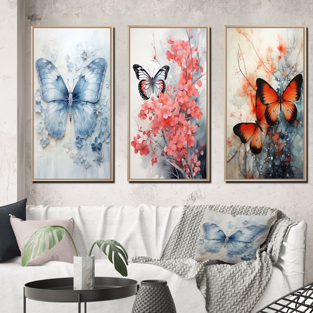 Designart "Blue Butterfly Wings I" Animals Framed Wall Art Set Of 3 - Blue Butterfly Frame Canvas Set For Living Room Decor