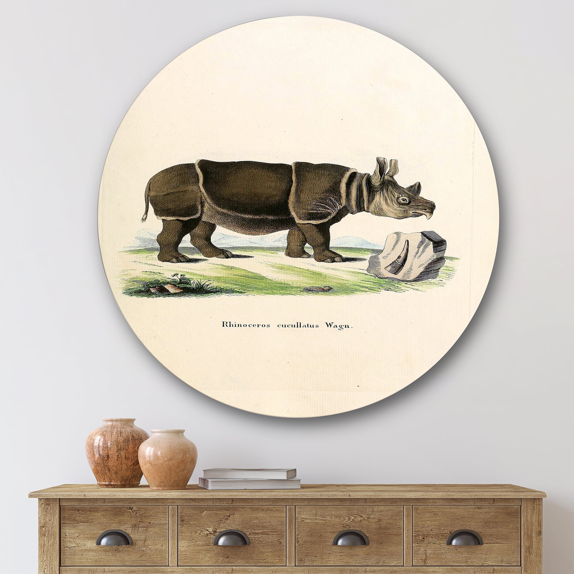 Designart 'Ancient Rhinoceros' Farmhouse Circle Metal Wall Art 36x36 - Disc of 36