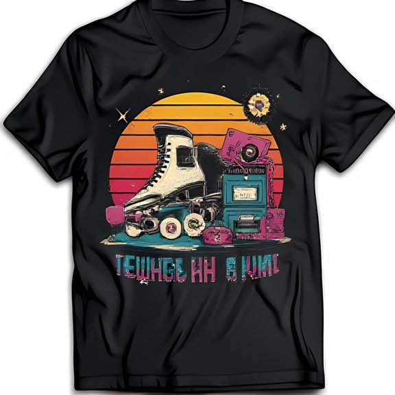 Retro 80s 90s Black T-Shirt with Skates VHS Tape & Design