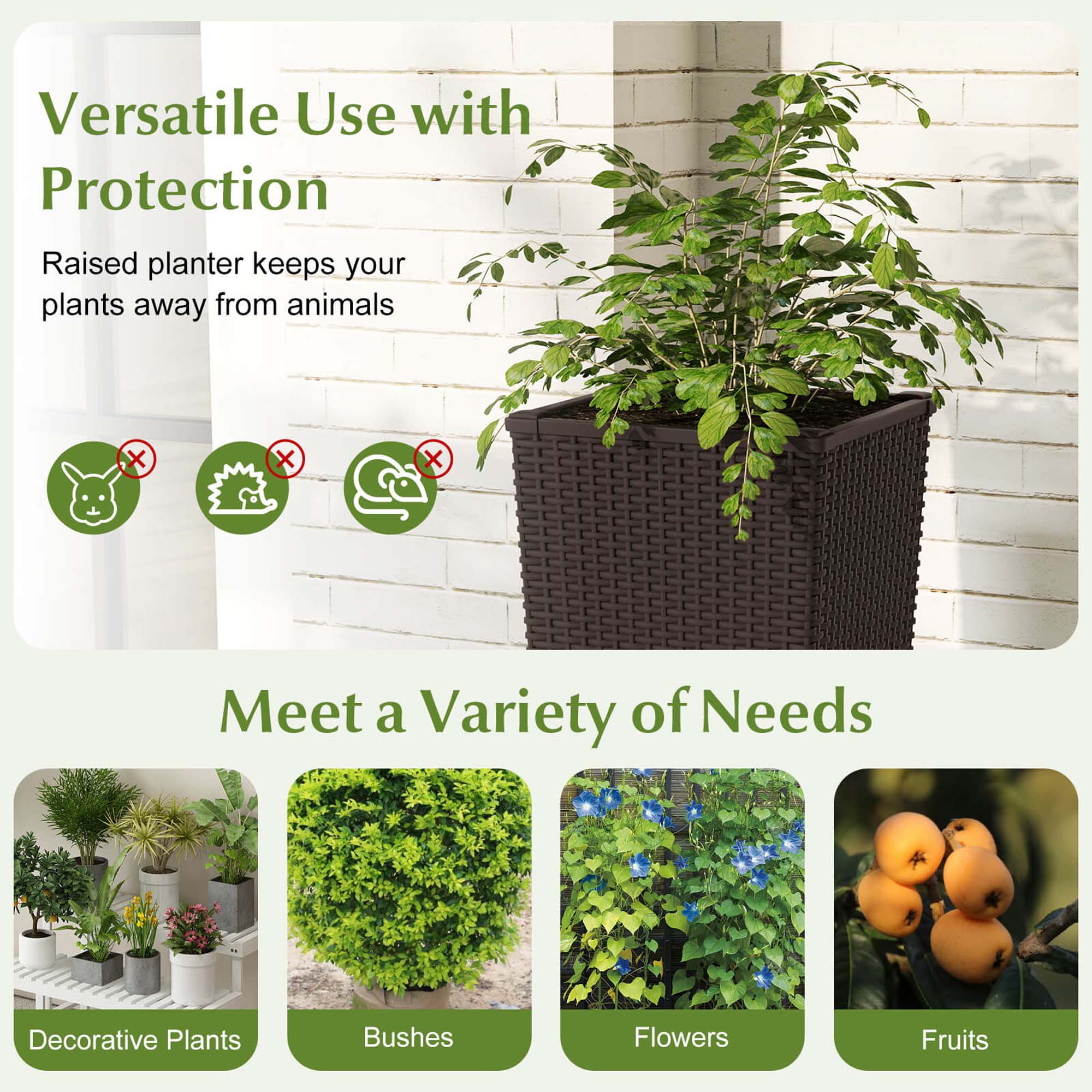 Costway 23" Tall Planters Set of 2 Rattan Wicker Plant Pot Self-watering Tree Pot Brown
