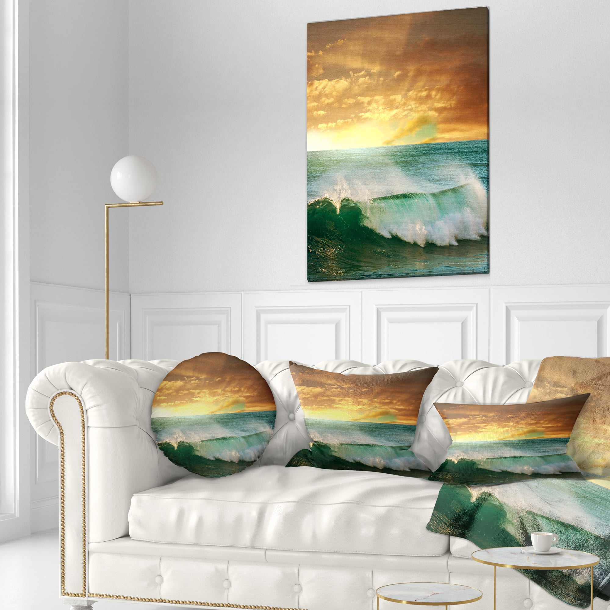 Designart Stormy White Wave in Blue Sea - Modern Beach Throw Pillow - 12x20