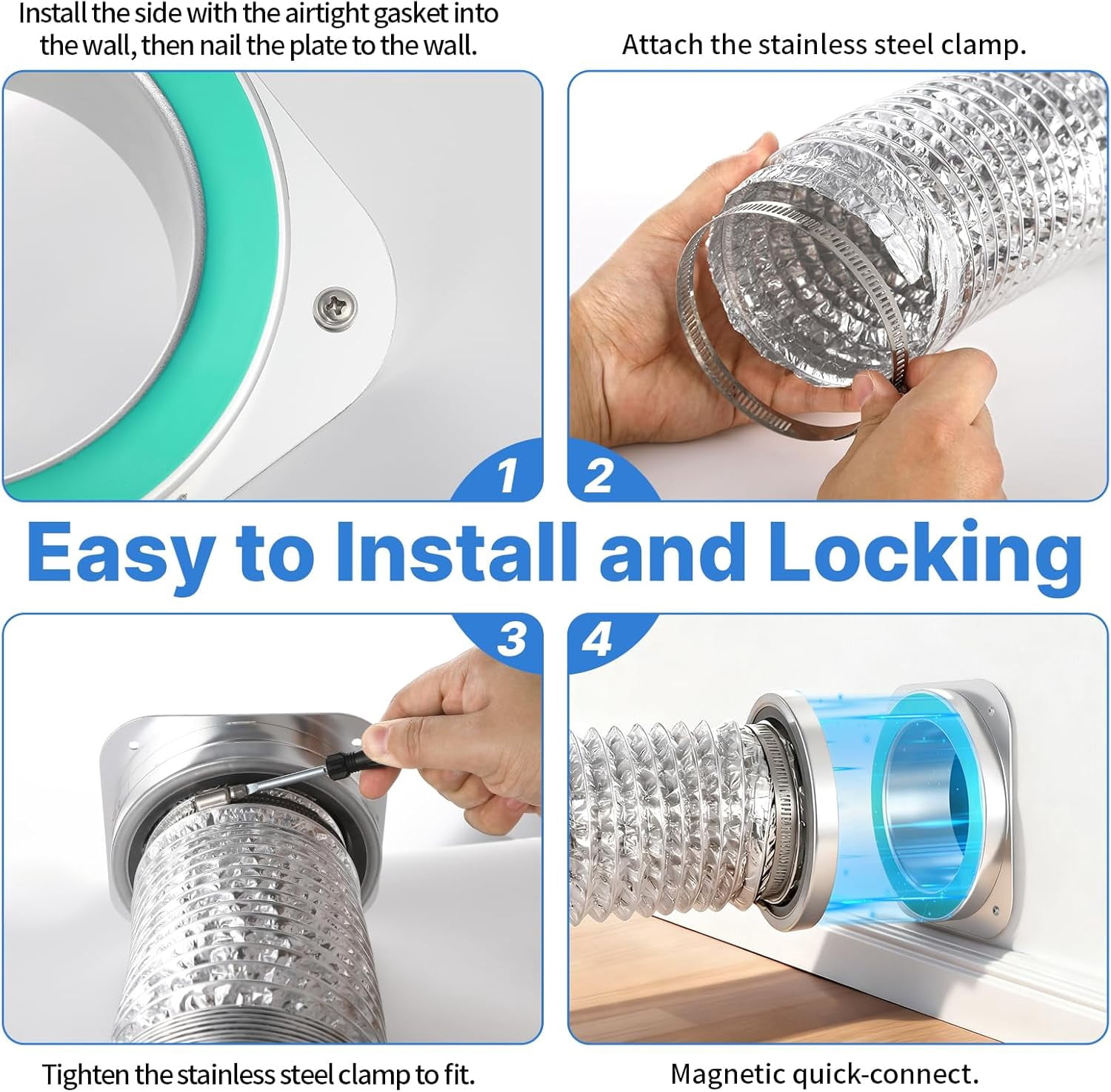 Magnetic Dryer Vent Coupling Connector Kit, DV180 Airtight Seal Coupling, Strong Magnet Quick Connection Self-Alignment Easy to Clean Included a 3ft 4" Duct & 2 Clamps