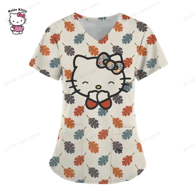 Uniformes médicos de estilo playero para mujer, Tops de enfermera con estampado de dibujos animados de Hello Kitty, ropa de manga corta para novio y mascota