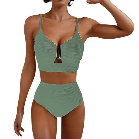 LTTVQM Bikini Swimsuit for Women Two Piece Tummy Control Bathing Suits Printed Bikini Top with Sporty Boy Shorts Army Green S