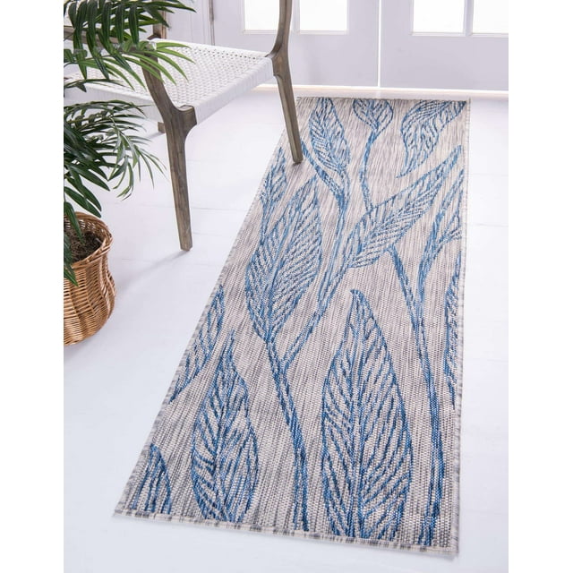 Unique Loom Botanical Collection Casual Leafs Transitional Indoor and Outdoor Flatweave Runner Rug, 2 x 6 Feet, Light Gray/Blue