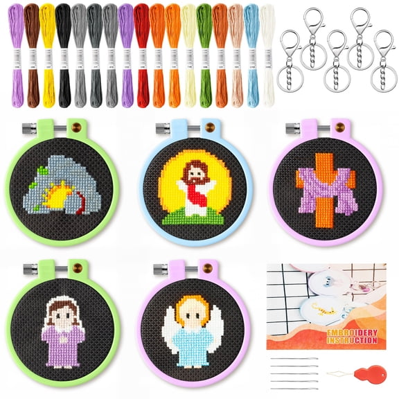 Haooryx 9Pcs DIY Easter Cross Stitch Keychain Kit, Embroidery Religious Jesus Keychain Craft for Party Favors