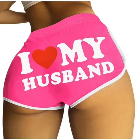 Sales Today Olyvenn Women s Summer Booty Shorts I Love My Husband Heart Print Drawstring Beach Shorts Yoga Workout Shorts with Pockets Hot Pink 8